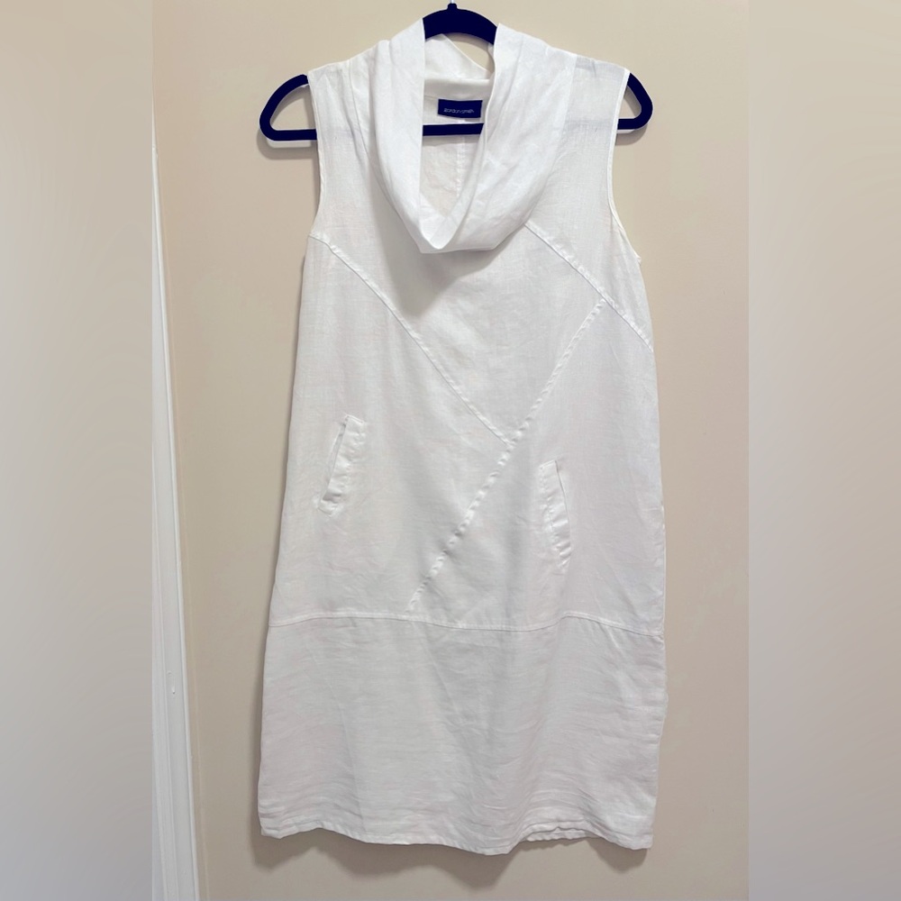 White Gordon Smith 100% linen shift dress with cowl neck. Size 8, fits small.